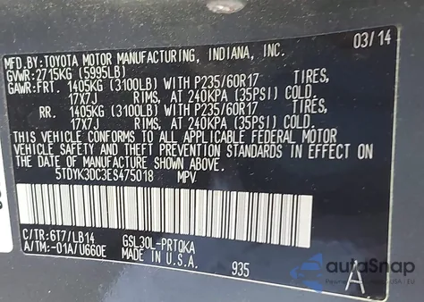 2014 Toyota Sienna Xle V6 8 Passenger z USA, uszkodzony, nr VIN 5TDYK3DC3ES475018